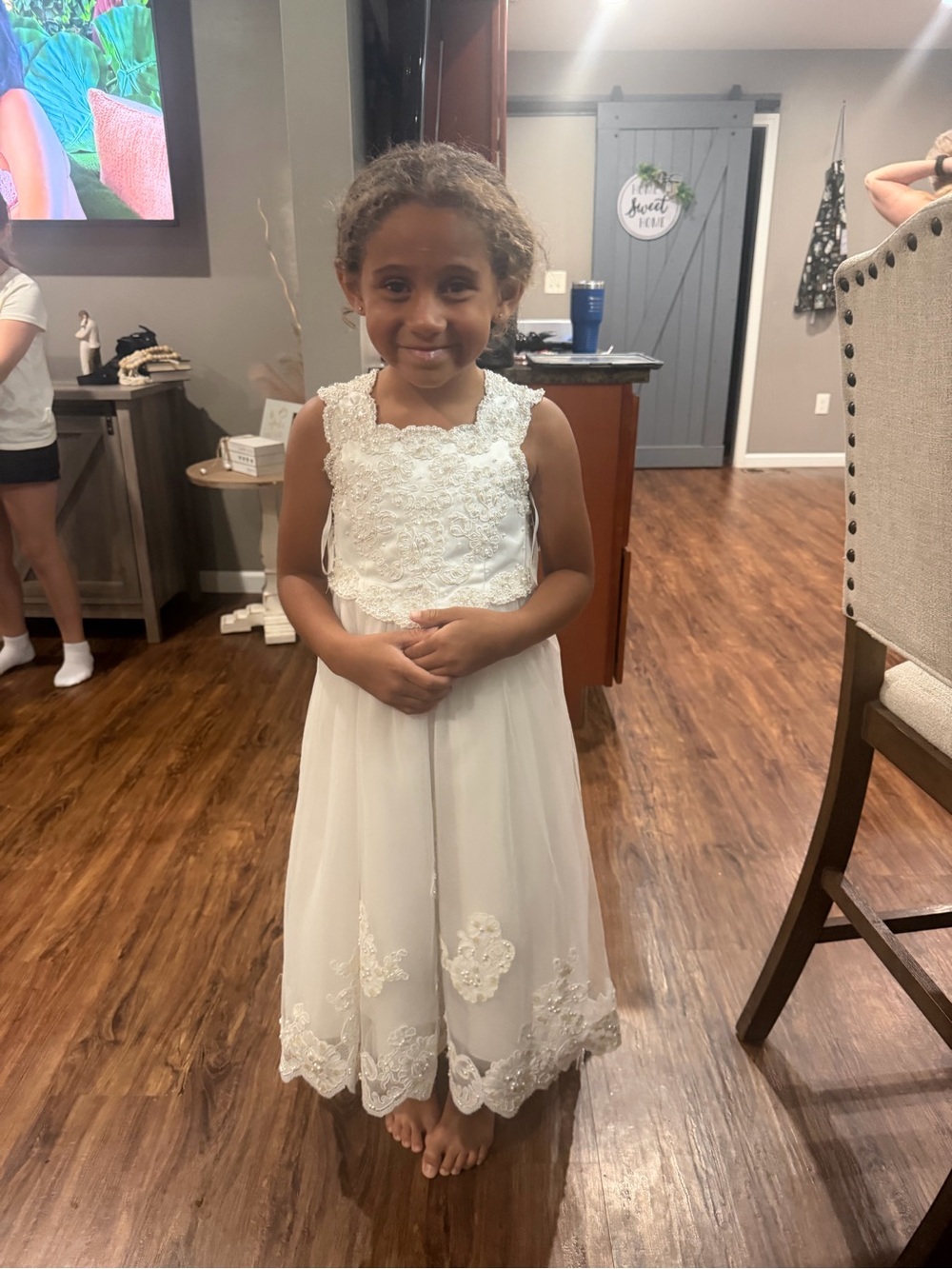 David's Bridal White Lace Chiffon Flower Girl Dress - Picture 3 of 3